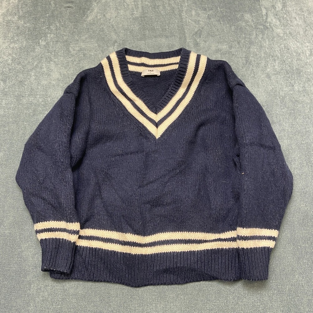 TNA Aritzia Millennium Sweater Womens Small Navy Blue Ribbed Wool Blend V-Neck